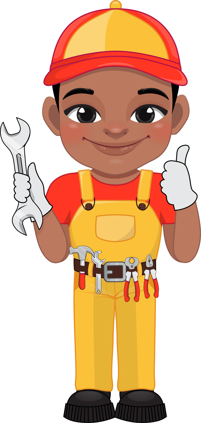 Mechanic Character with Cute American African Boy Holding Wrench Cartoon